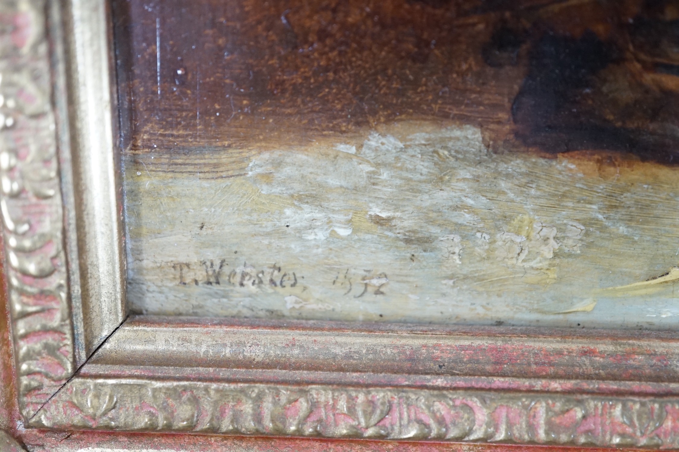 Thomas Webster (1800-1886), oil on wooden panel, Children standing beside a kennel, signed and dated 1852, Cider House Galleries label verso, 25 x 19cm
